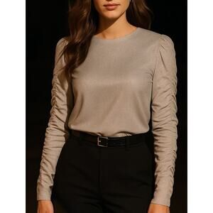 Tibi Shimmer Ruched Long Sleeve Top Size 8 Silver Old Money Glam Sparkly Luxury